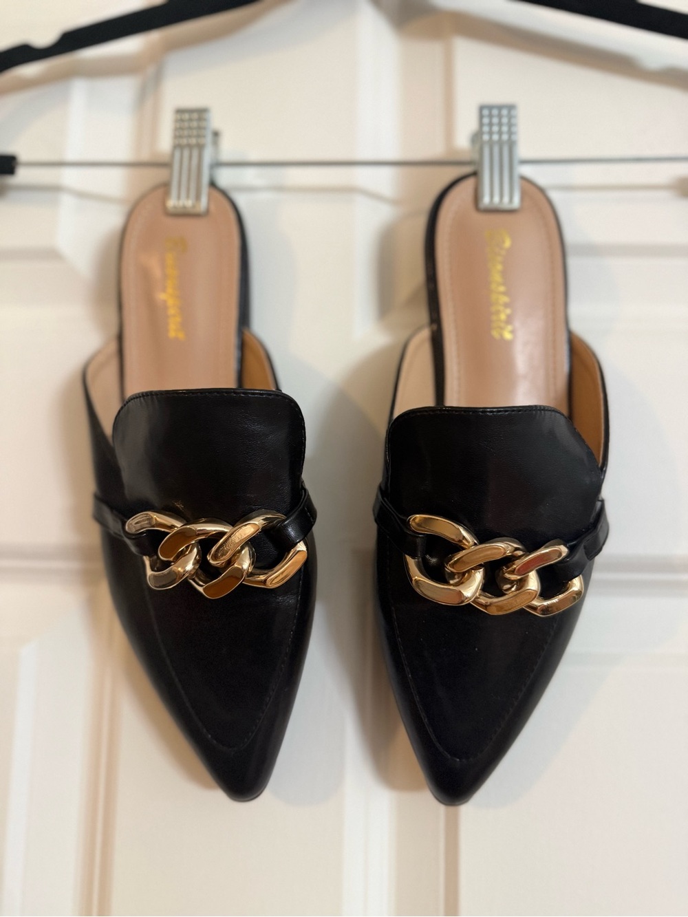 Black Leather Pointed Mule with Gold Chain Accent